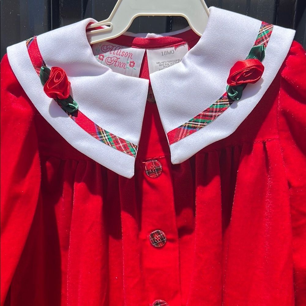 Allison Ann Vintage Christmas Red Velvet Baby Romper White Peter Pan Collar 18M - Picture 2 of 11